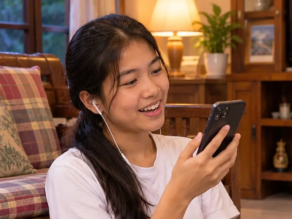 นักเรียนหญิงยิ้มขณะฝึกพูดภาษาอังกฤษบนมือถือที่บ้าน