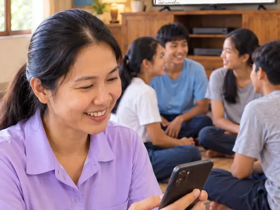 ครูยิ้มขณะฝึกภาษาอังกฤษผ่านมือถือ มีนักเรียนนั่งอยู่ด้านหลัง