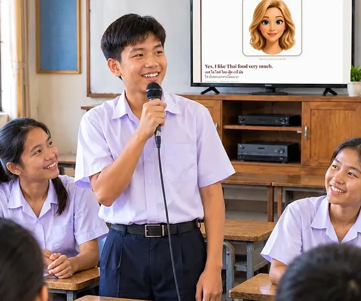 นักเรียนชายพูดภาษาอังกฤษใส่ไมค์ เพื่อนๆ ยิ้มอยู่ข้างๆ