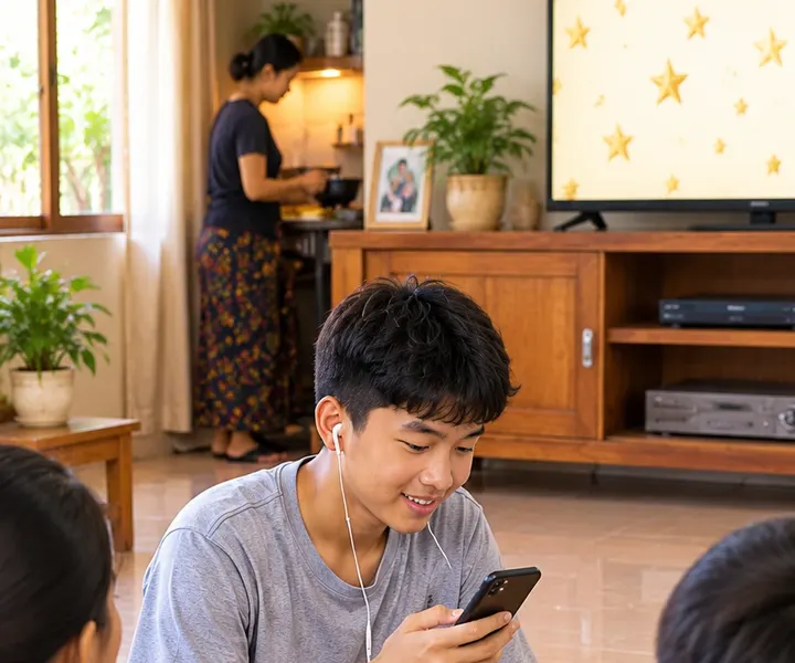 นักเรียนชายใส่หูฟังเล่นเกมคำศัพท์บนมือถือที่บ้าน มีเพื่อนนั่งอยู่ข้างๆ และหน้าจอดาวบนทีวี