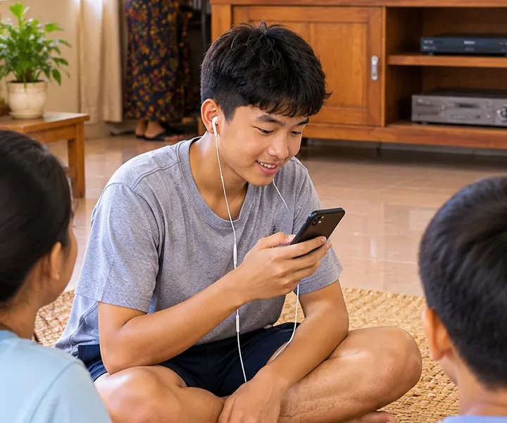 นักเรียนชายใส่หูฟังเล่นเกมคำศัพท์บนมือถือที่บ้าน มีเพื่อนนั่งอยู่ข้างๆ และหน้าจอดาวบนทีวี
